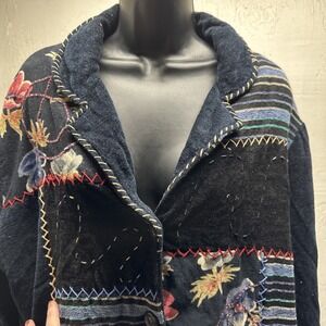 Y2K 90's Patchwork Floral Jacket Womens Size L Black Navy Boho Art to Wear Boho
